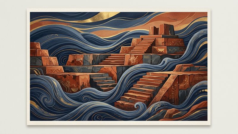 Abstract contemporary composition featuring geometric stone forms and oceanic gradients representing ancestral connection