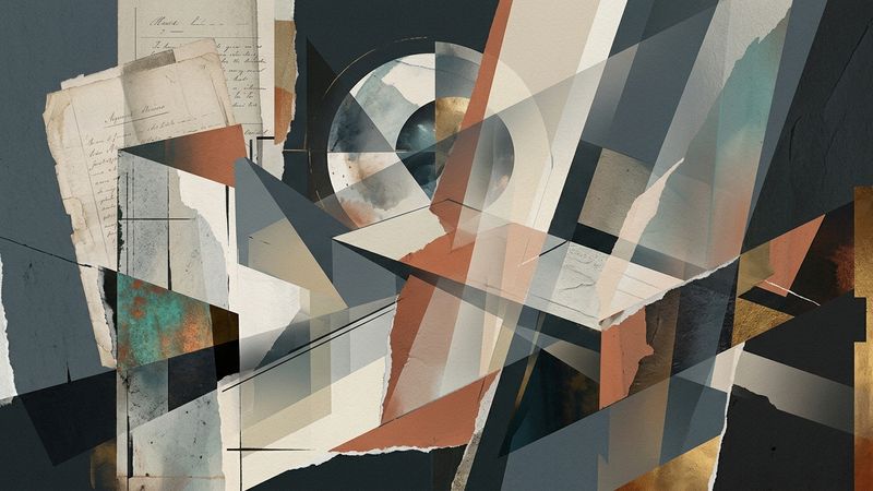 Abstract contemporary illustration depicting overlapping historical documents and architectural silhouettes in muted tones