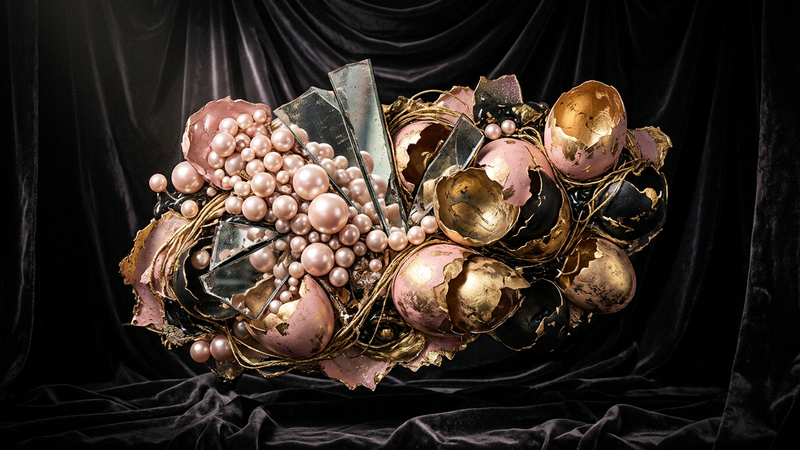 Pearl-encrusted sculpture in a velvet-draped gallery space, evoking theatrical and camp aesthetics.