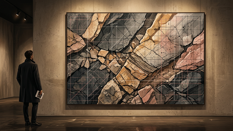 Abstract contemporary composition depicting fragmented stone layers and geometric survey grids in muted earth tones