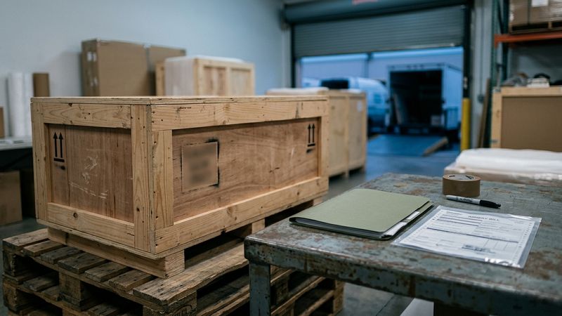 Sealed fine-art travel crate on a warehouse dolly beside customs document folders and an air-waybill pouch under cool loading-bay light