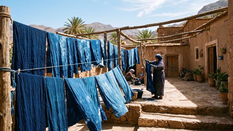 Hand-dyed indigo cloth drying in the sun, a traditional North African textile craft