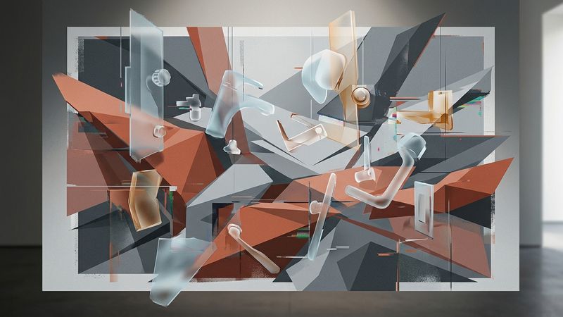 Abstract composition blending fragmented mirrors and suspended household objects against a muted gradient background