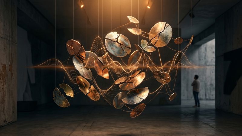 Abstract contemporary composition featuring layered metallic discs and acoustic waves against a muted background
