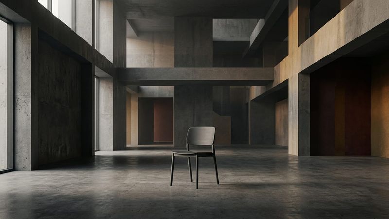 Abstract editorial illustration of a chair silhouetted against a blurred Southbank Centre interior, with soft light and geometric shadows