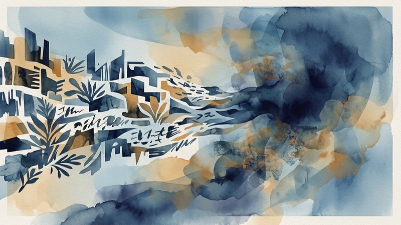 Abstract editorial illustration of a river merging into a vast ocean, with layered translucent currents and archival fragments dissolving into deep blue water