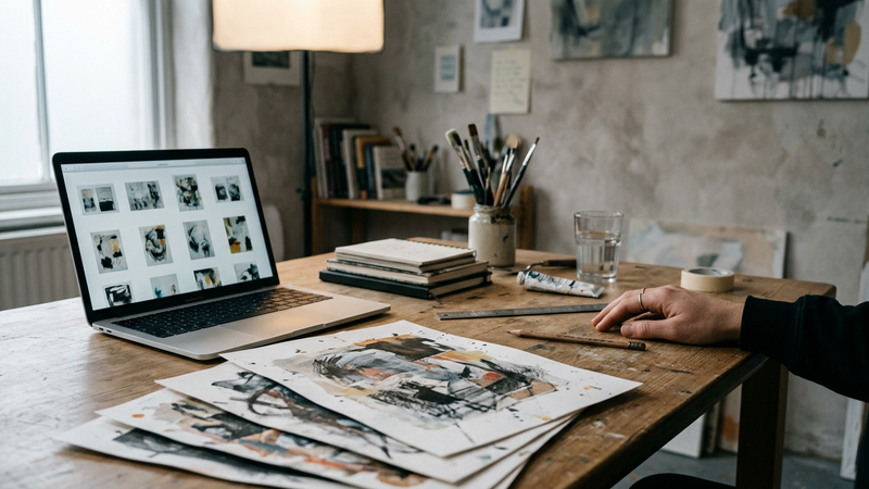 Clean studio table with printed portfolio pages, a laptop showing artwork images, and a softbox light at the edge of frame