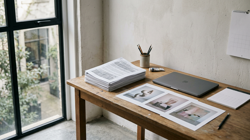 Quiet studio desk with printed application pages, a laptop closed beside labelled photo prints of artworks under north window light