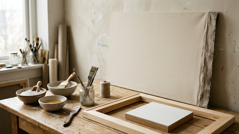 Primed linen canvas on wooden stretcher bars beside a small oak panel with chalk gesso, rabbit-skin glue jar and gesso tub in background, cool north-light studio