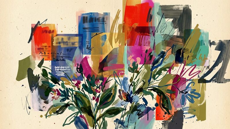 Abstract editorial illustration evoking layered exhibition posters and protest signs in loose painterly marks