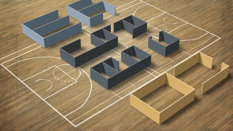 Abstract contemporary composition featuring geometric gallery partitions arranged on a polished wooden sports court, rendered in muted earth tones and cool greys.