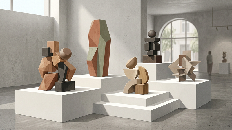 Abstract contemporary sculpture installation with tiered pedestals and warm ambient lighting