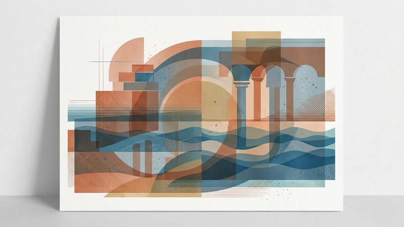 Abstract geometric composition in ochre and slate blue, suggesting coastal cliffs intersecting with classical columns. Clean contemporary style, no text or logos.