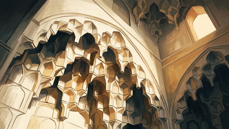 Raking view of tiered stucco muqarnas cells in a stone vault corner, warm sidelight on niche facets, no inscriptions visible