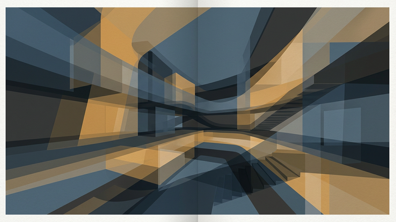 Abstract composition of overlapping geometric shapes in muted tones, evoking modern gallery architecture and diverse cultural layers.