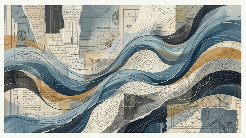 Abstract composition of layered archival documents, oceanic textures, and subtle geometric forms in muted earth tones
