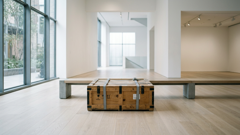 Soft daylight across an empty white gallery bay with a single wrapped crate and a low viewing bench, no people