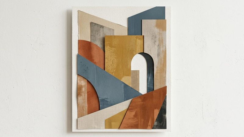 Abstract editorial composition blending geometric architectural fragments with organic textile-like textures in muted earth tones