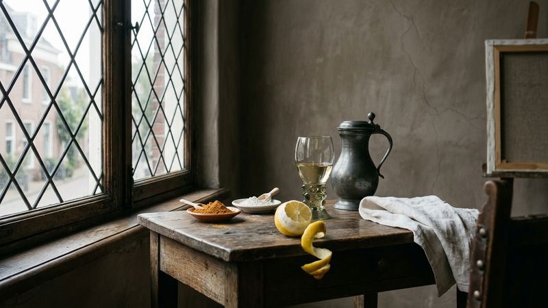 Candlelit oak table with pewter jug, halved lemon and folded linen beside a north window, suggesting a Dutch seventeenth-century still-life studio without copying a named painting.
