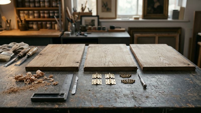 Workshop bench with three empty oak panels laid flat, brass pintle hinges and a cabinetmaker’s square beside them, cool north light, no figures.