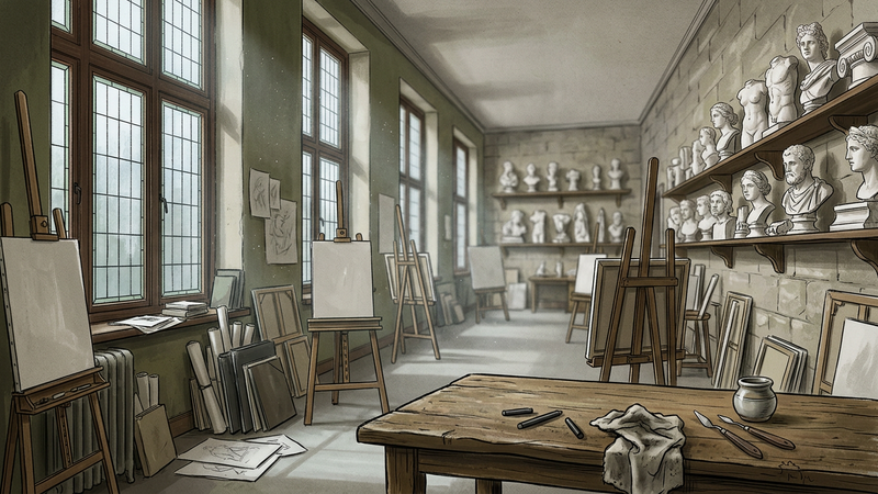 Sunlit nineteenth-century atelier with plaster casts, wooden easels and cool north-window light over a bare worktable