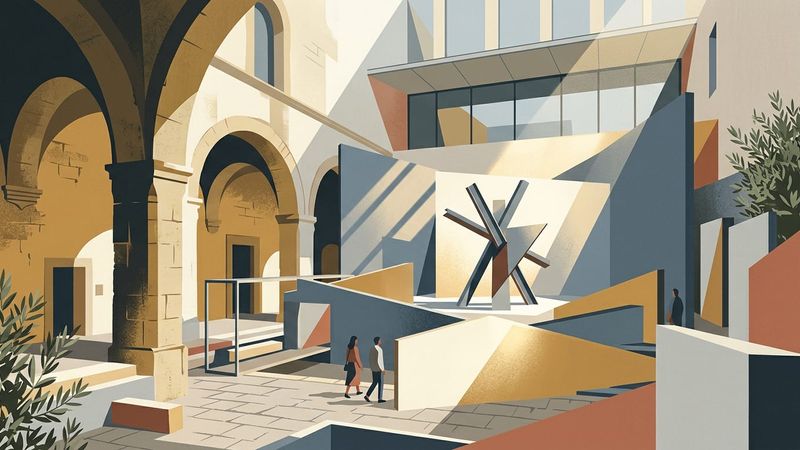 Abstract contemporary composition featuring architectural lines and warm terracotta tones suggesting a historic Italian courtyard