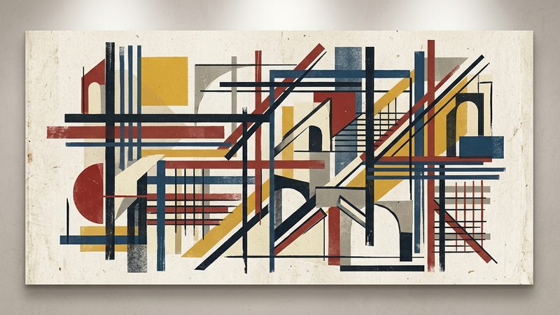 Abstract geometric composition featuring intersecting black lines and muted primary tones on a textured canvas, evoking early twentieth-century constructivist aesthetics.