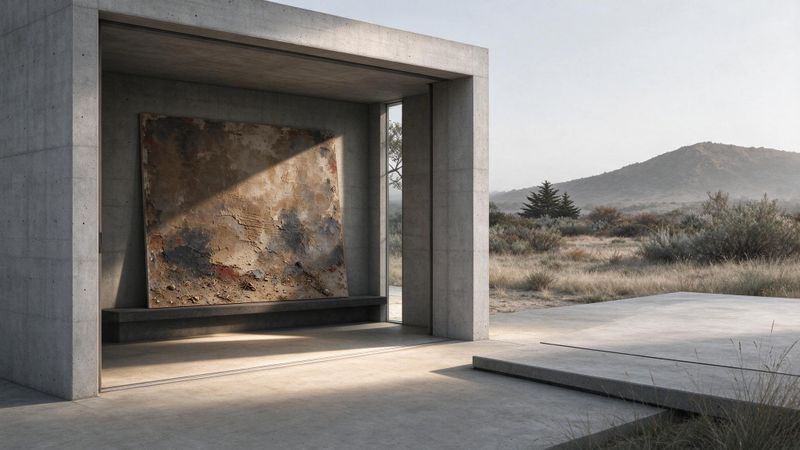 Abstract contemporary illustration of a massive textured canvas suspended in a minimalist concrete pavilion with soft natural lighting