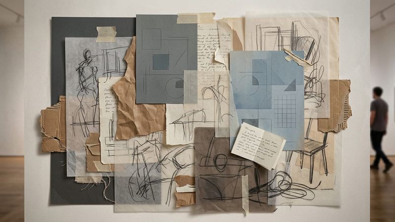 Abstract composition of layered papers, sketches and everyday objects in muted tones
