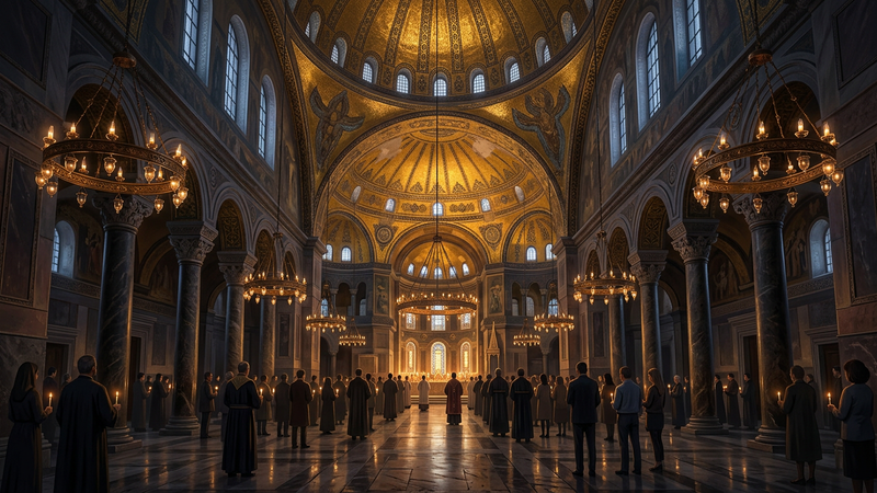 Candlelit Byzantine church interior with gold mosaic vaults and hanging lamps, no identifiable masterpiece copied