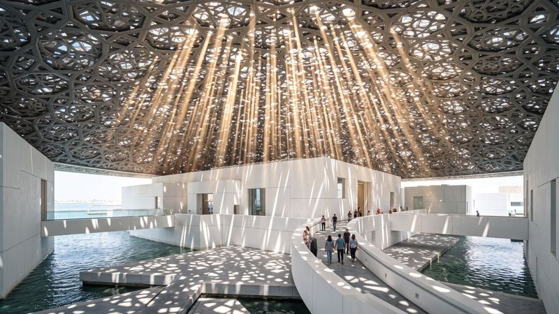 The dome of the Louvre Abu Dhabi casting its "rain of light" across the museum below