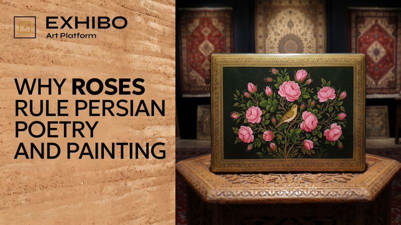 A Persian-style black lacquer panel painted in the gol o bolbol manner — pink roses in full bloom around a single perched nightingale