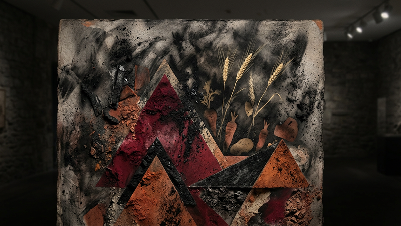 Abstract charcoal drawings arranged in triangular formations depicting Ukrainian food items against dark backgrounds