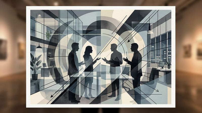 Abstract composition of museum workers in discussion, with geometric forms suggesting tension and dialogue