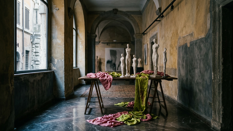Dim gallery light on elongated plaster figures and cool stone, suggesting sixteenth-century court artifice without copying a named painting