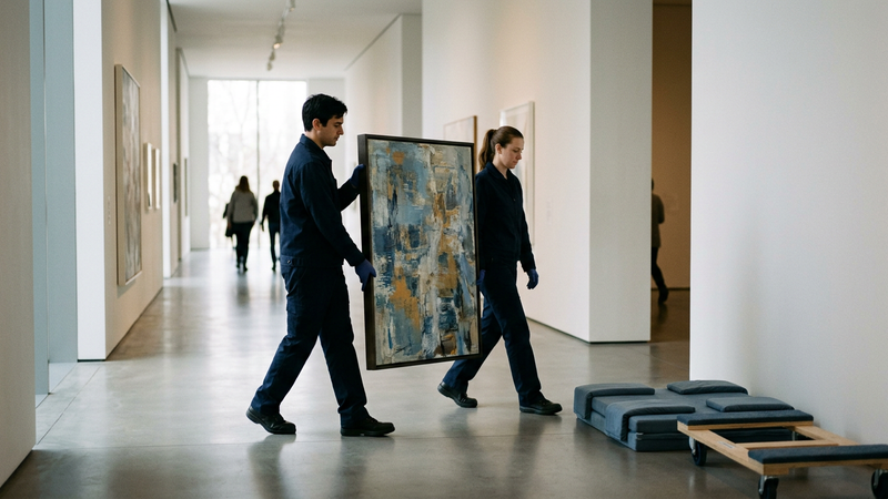 Two people carrying a framed painting upright by the side members along a clear domestic hallway