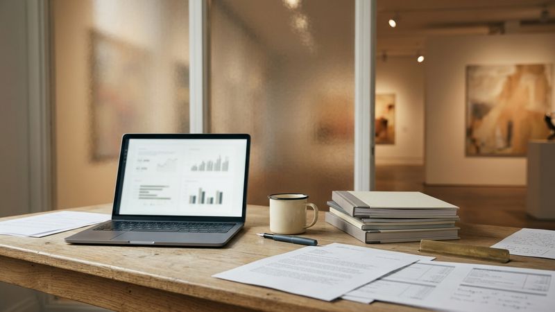 Sunlit museum administration office with budget papers, laptop and blurred gallery doorway beyond frosted glass