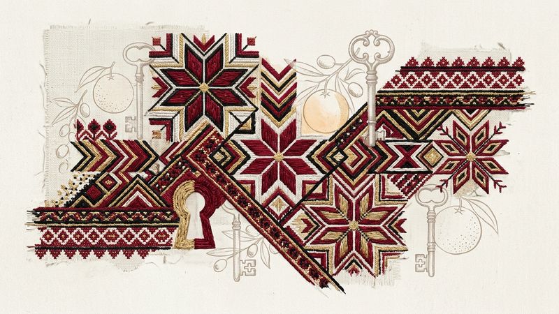 Editorial illustration: abstract composition evoking Palestinian embroidery patterns and displaced keys against a muted gallery wall
