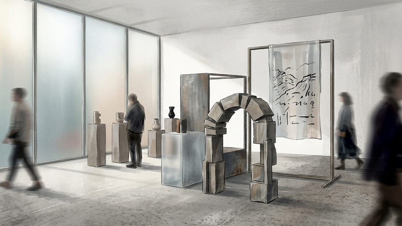 Interior view of a contemporary temporary gallery space with white walls and visitors viewing displays