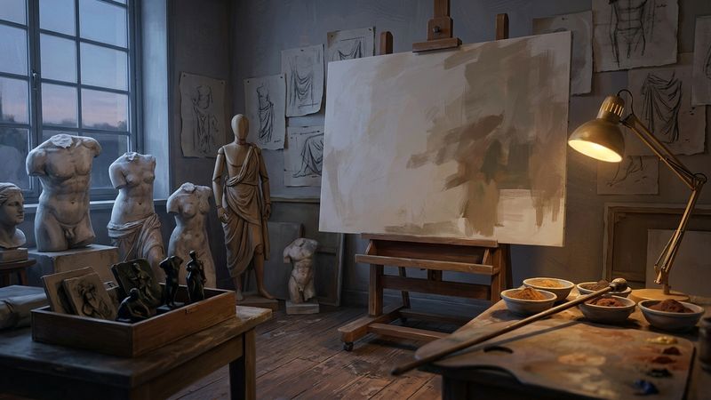 Candlelit academic studio with a large stretched canvas, plaster casts of antique torsos, and oil sketches of grouped figures on a wooden bench, no readable text.