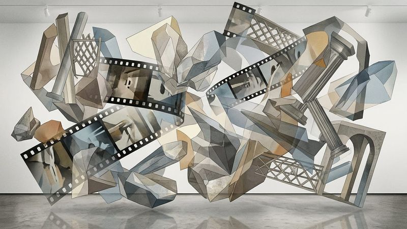 Abstract composition of fragmented sculptural forms and film strips in muted tones