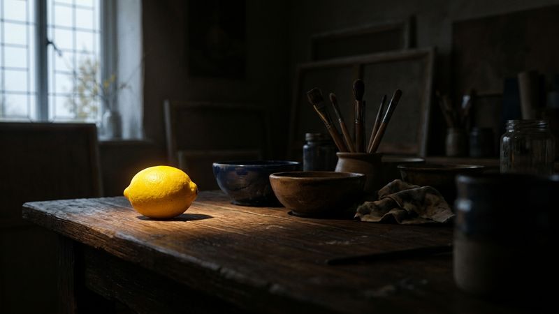 Dark studio table with one lemon in a pool of warm spotlight, surrounding objects falling into soft shadow, cool window light at the edge, no text.