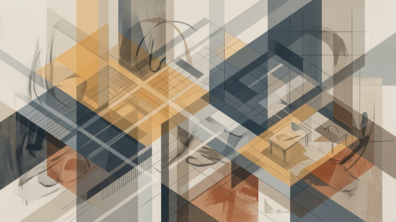 Abstract geometric composition representing urban architectural forms and creative community networks