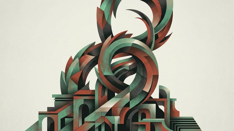 Abstract contemporary illustration of interlocked dragon tails emerging from fragmented copper and brick textures