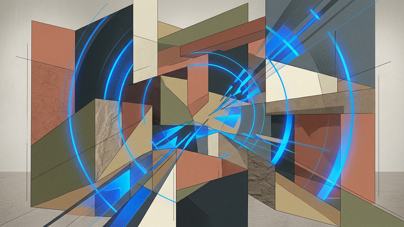 Abstract contemporary installation featuring overlapping translucent panels and suspended geometric forms evoking radio wave interference
