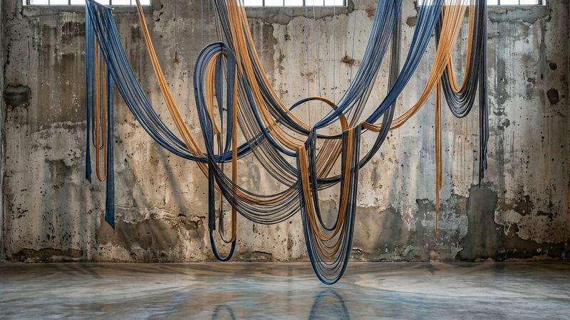 Abstract textile installation with flowing coloured threads against industrial backdrop