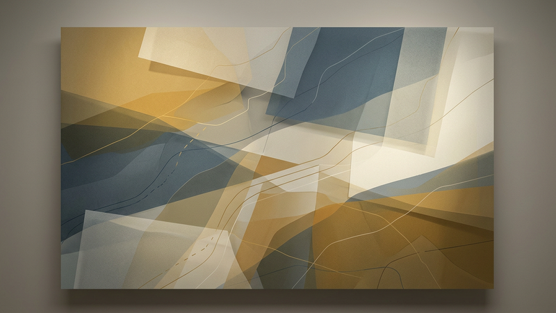 Abstract contemporary composition featuring layered geometric planes in ochre, slate blue, and cream, suggesting interconnected pathways and organic ecosystems
