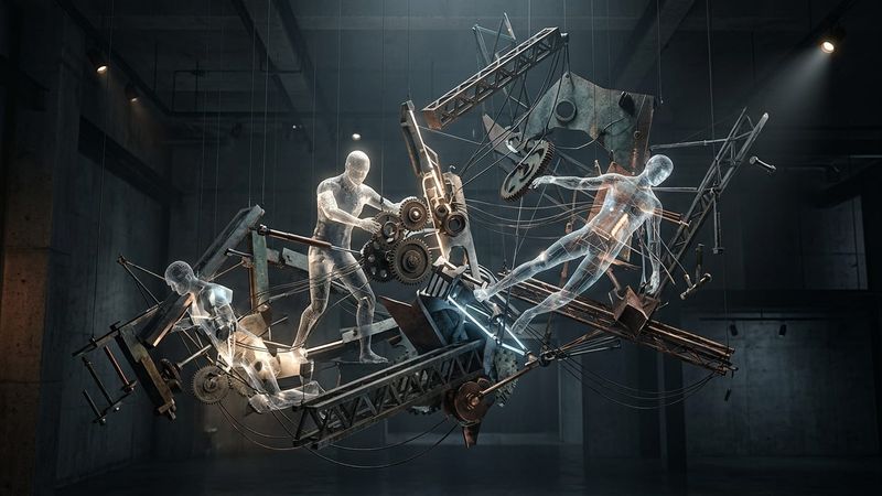 Abstract representation of fragmented robotic forms and human silhouettes in suspended motion