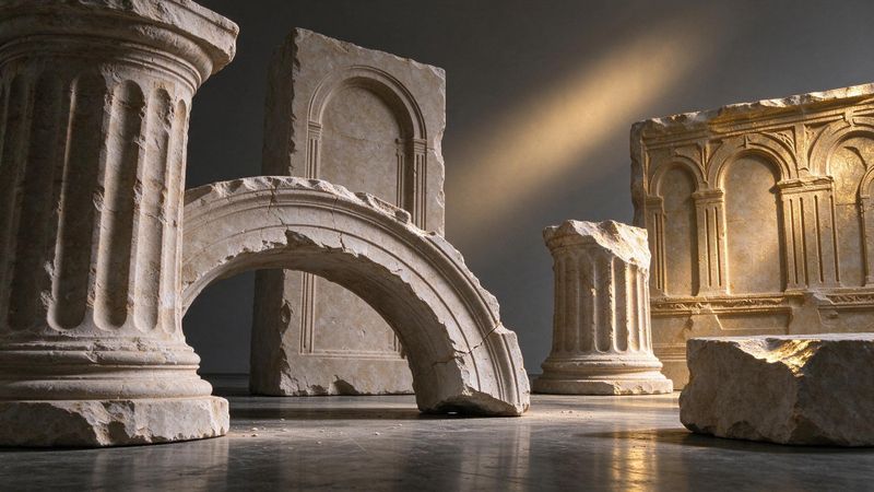 Abstract marble fragments arranged diagonally against a muted stone backdrop