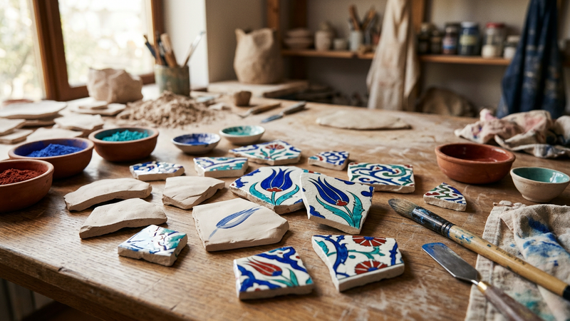 Iznik-style ceramic tile workshop atmosphere with cobalt and turquoise glazed fragments and saz leaf motifs in warm studio light, no readable inscriptions.